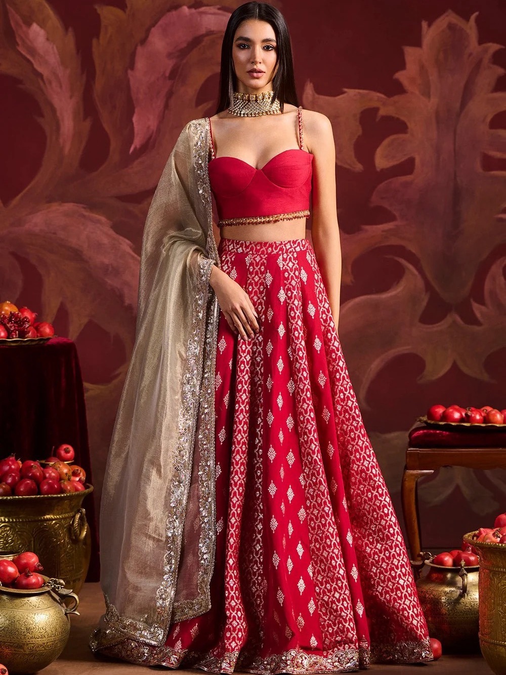 NWT: Red Printed A-Line Maxi Skirt with Ethnic Motif